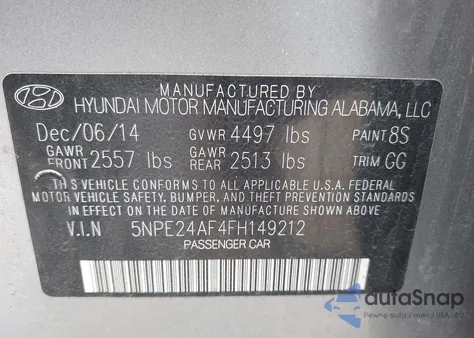 2015 Hyundai Sonata Se z USA, uszkodzony, nr VIN 5NPE24AF4FH149212
